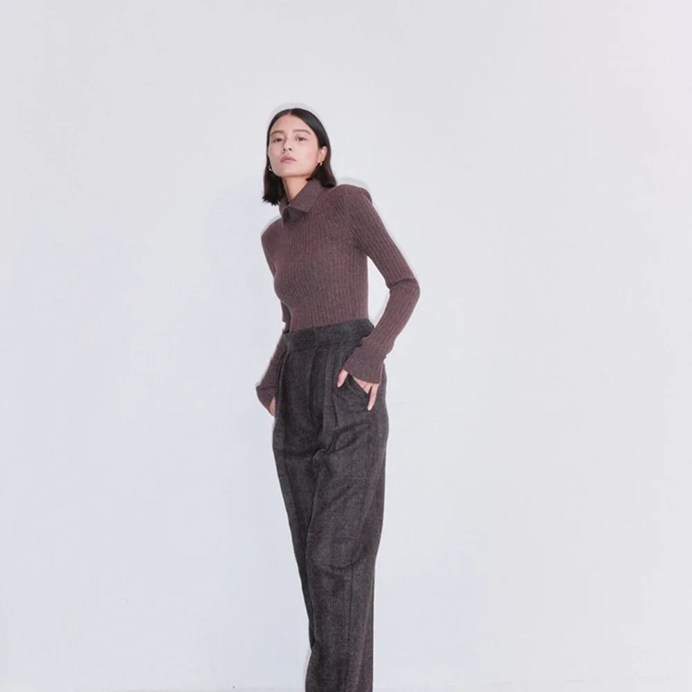 CHICJOC Retro Multi-Color Yarn Knit Sweater with Shirt Collar and Ribbed size 38